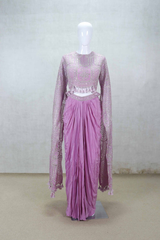 Elegant Pink Embellished Crop Top and Draped Skirt Set with Tassel Details - Mangaldeep NX