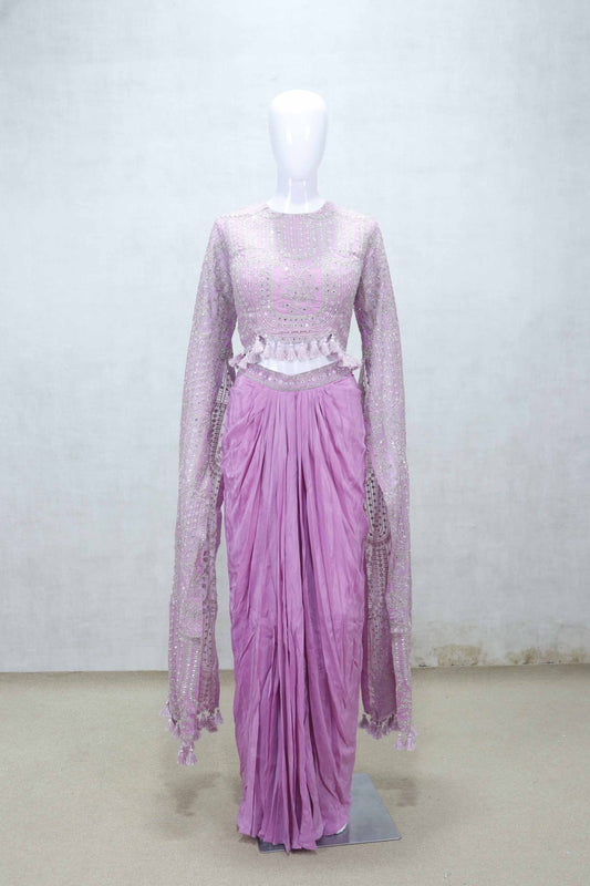 Elegant Pink Embellished Crop Top and Draped Skirt Set with Tassel Details - Mangaldeep NX