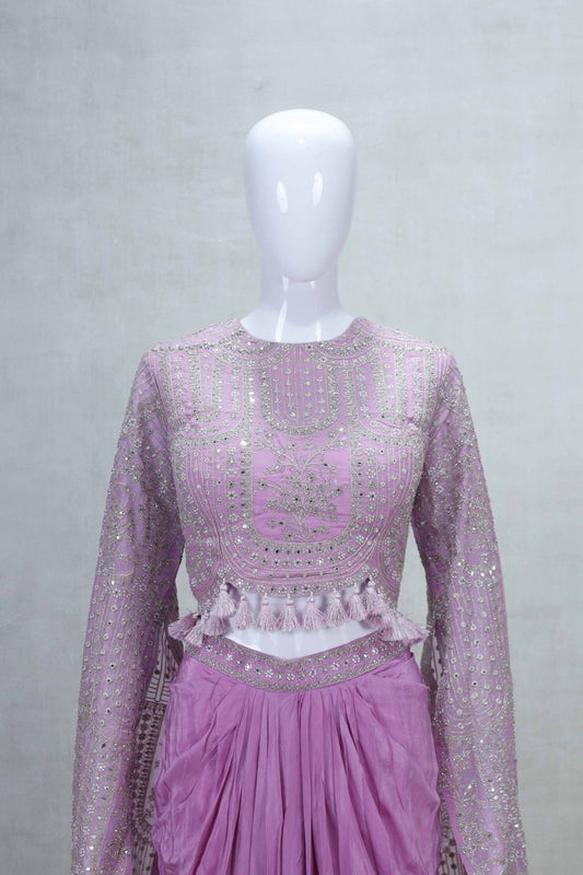 Elegant Pink Embellished Crop Top and Draped Skirt Set with Tassel Details - Mangaldeep NX