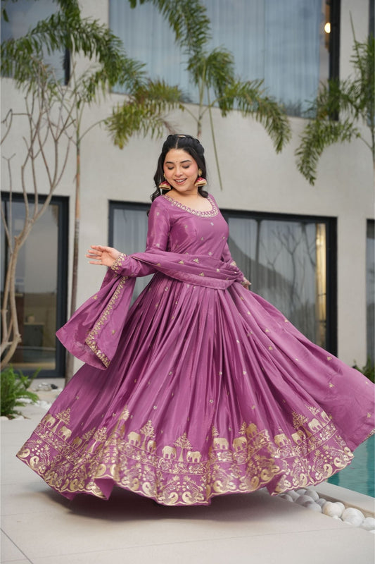 Elegant Purple Anarkali Dress with Golden Embroidery - Mangaldeep NX