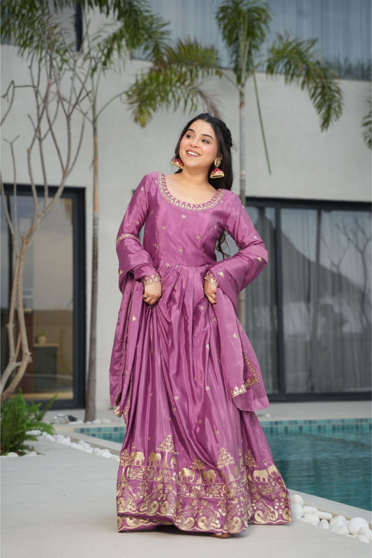 Elegant Purple Anarkali Dress with Golden Embroidery - Mangaldeep NX