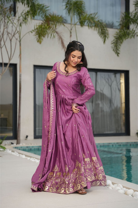 Elegant Purple Anarkali Dress with Golden Embroidery - Mangaldeep NX