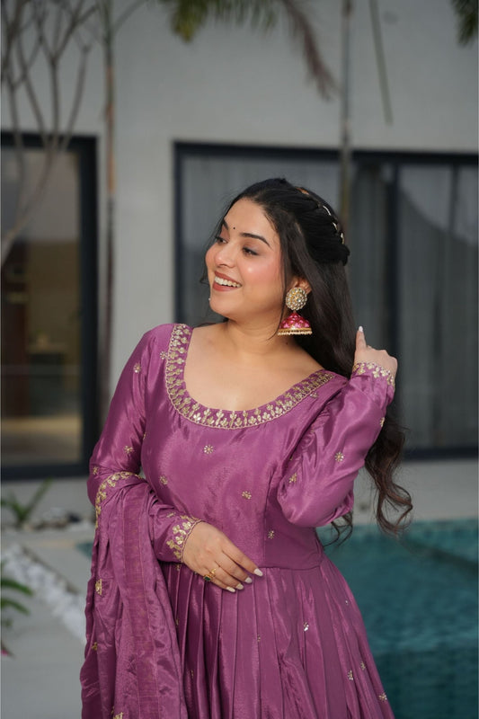Elegant Purple Anarkali Dress with Golden Embroidery - Mangaldeep NX