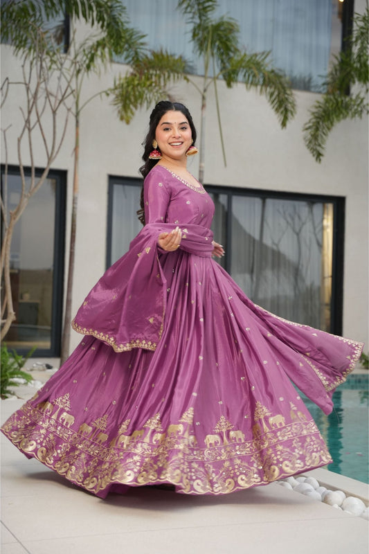 Elegant Purple Anarkali Dress with Golden Embroidery - Mangaldeep NX