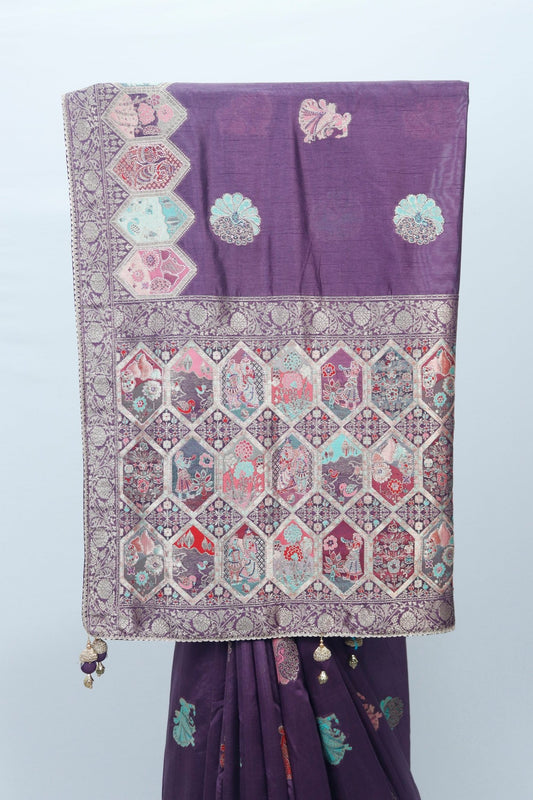 Elegant Purple Banarasi Silk Saree with Multicolor Brocade Weaving & Traditional Motifs – Wedding & Festive Wear - Mangaldeep NX