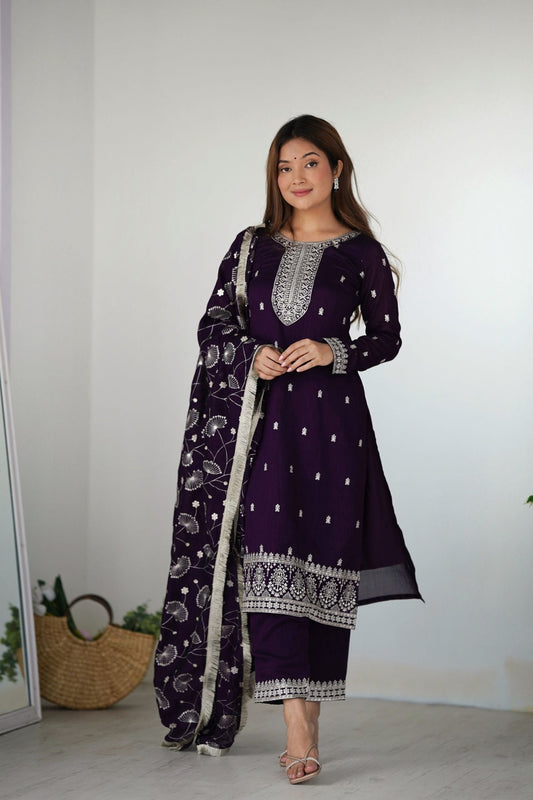 Elegant Purple Embroidered Kurta Set with Dupatta - Mangaldeep NX