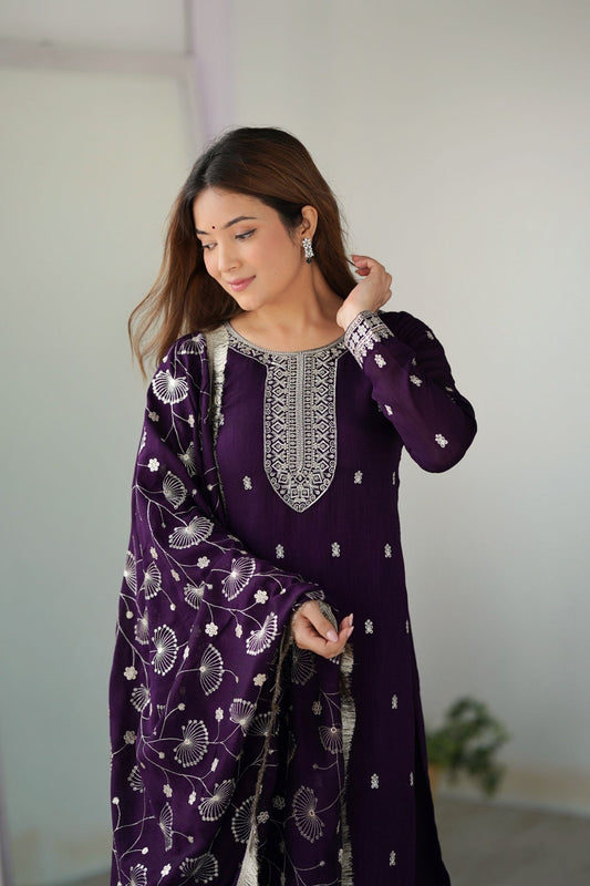 Elegant Purple Embroidered Kurta Set with Dupatta - Mangaldeep NX