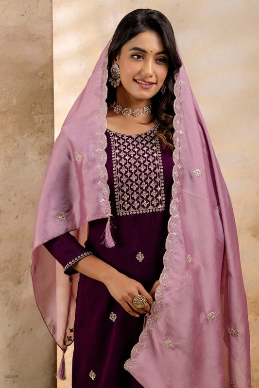 Elegant Purple Embroidered Silk Blend Readymade Salwar Kameez - Mangaldeep NX