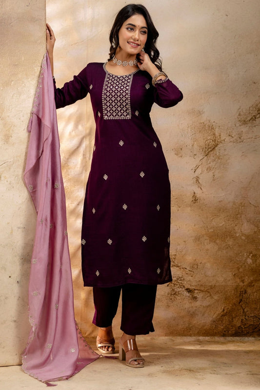 Elegant Purple Embroidered Silk Blend Readymade Salwar Kameez - Mangaldeep NX