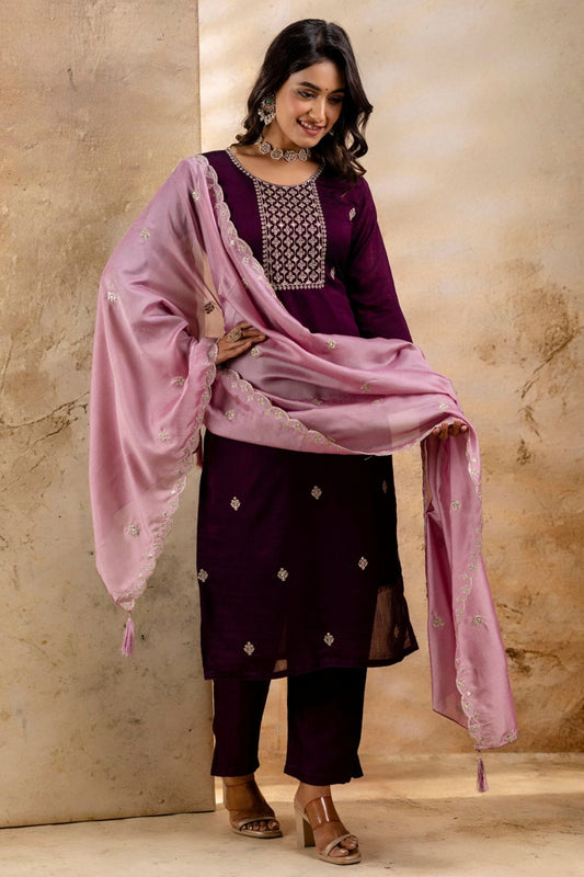 Elegant Purple Embroidered Silk Blend Readymade Salwar Kameez - Mangaldeep NX