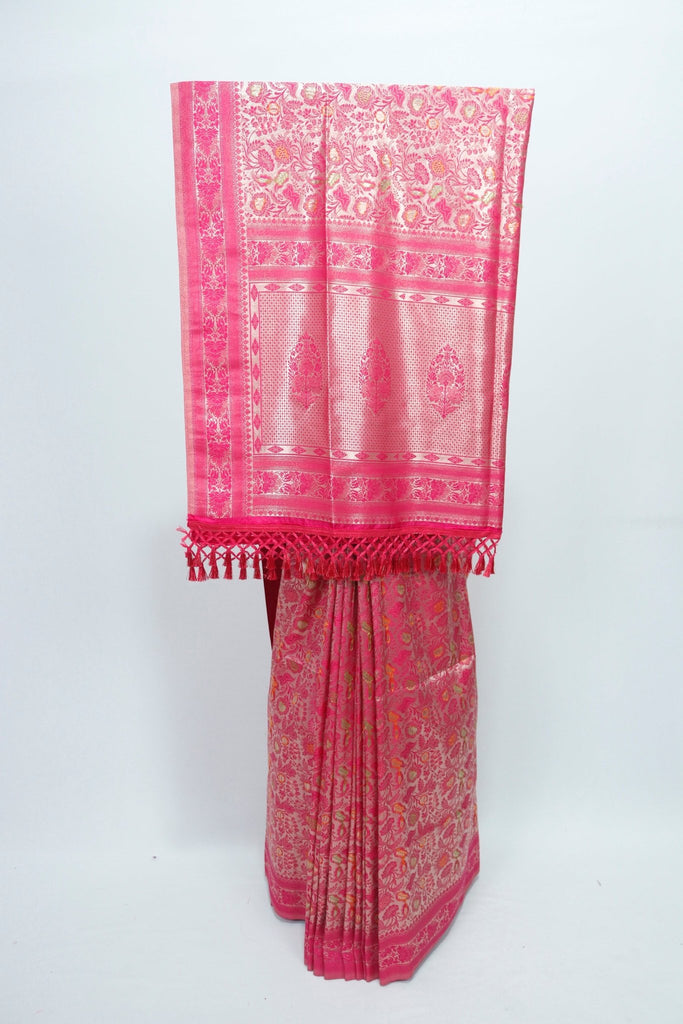 Elegant Rani Pink Banarasi Silk Saree Floral Motifs & Rich Pallu Wedding & Festive Wear - Mangaldeep NX