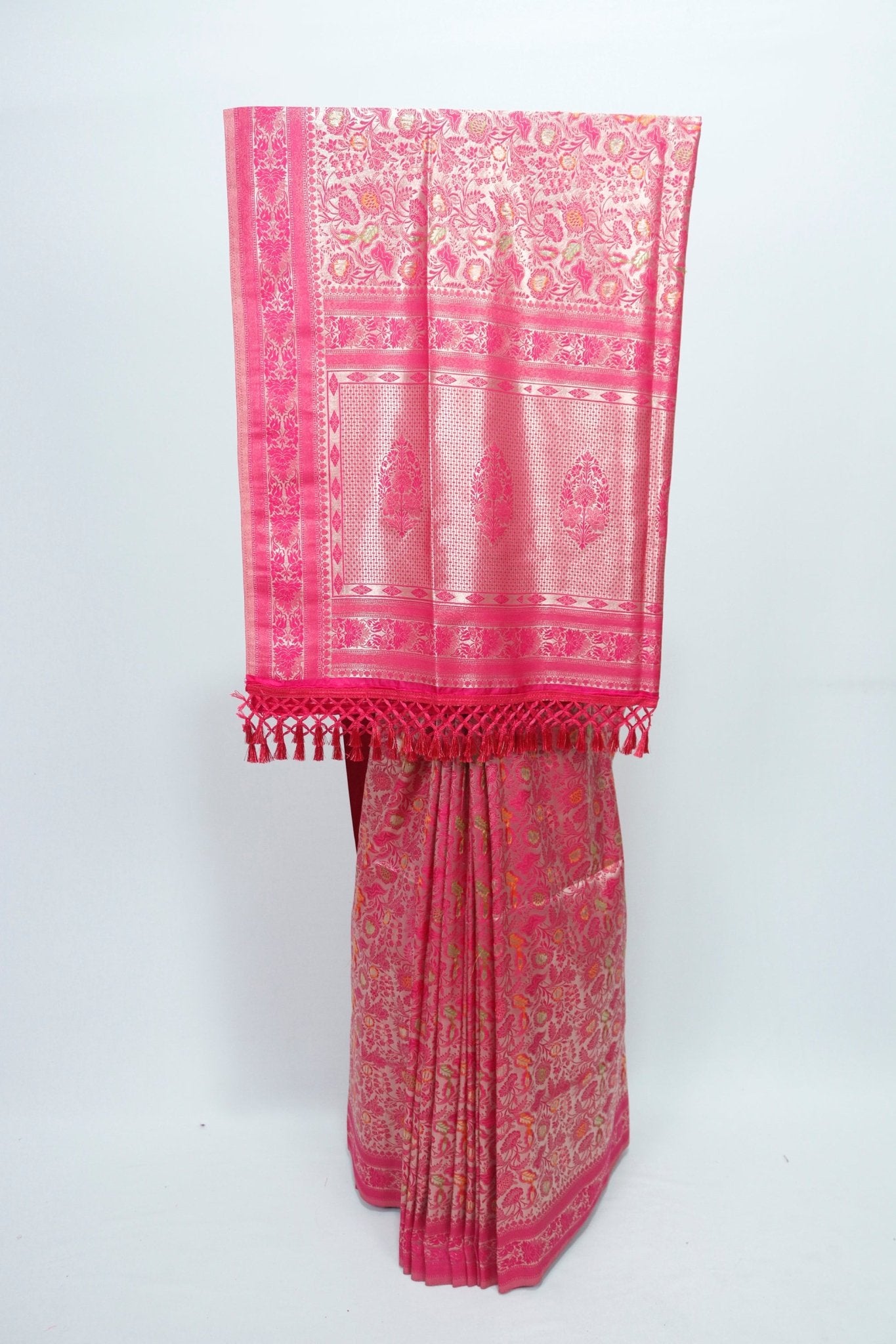 Elegant Rani Pink Banarasi Silk Saree Floral Motifs & Rich Pallu Wedding & Festive Wear - Mangaldeep NX