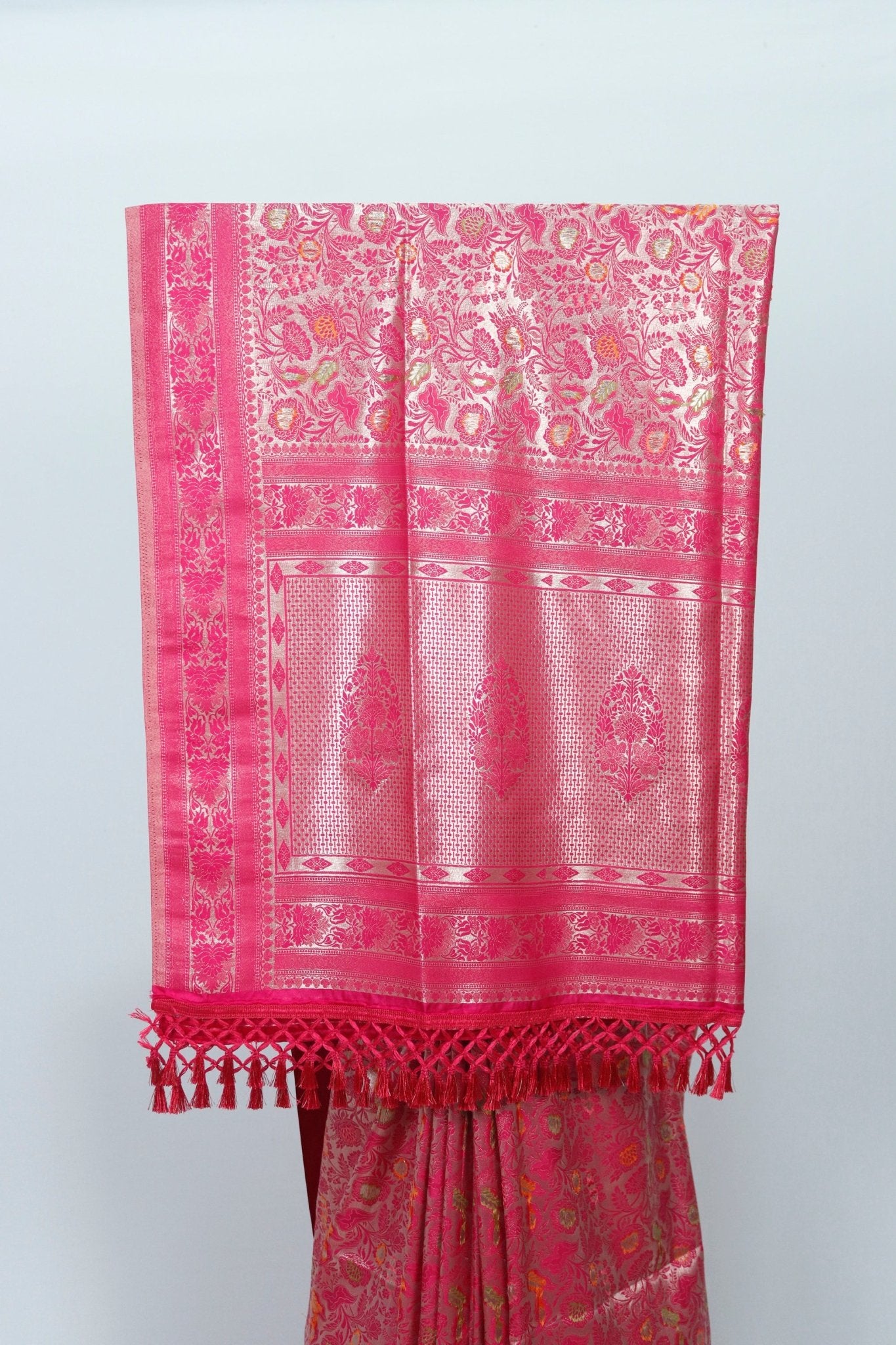Elegant Rani Pink Banarasi Silk Saree Floral Motifs & Rich Pallu Wedding & Festive Wear - Mangaldeep NX