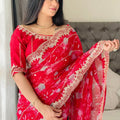 Elegant Rani Pink Floral Georgette Saree with Embroidered Lace Border - Mangaldeep NX