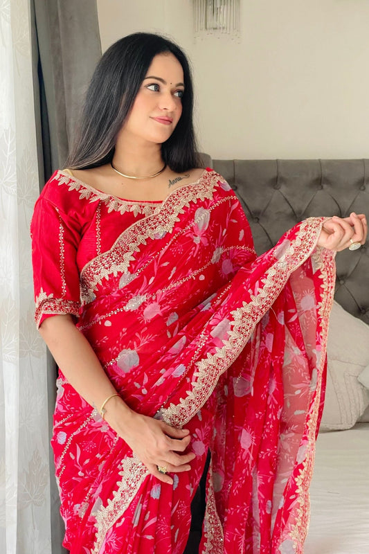 Elegant Rani Pink Floral Georgette Saree with Embroidered Lace Border - Mangaldeep NX