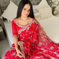 Elegant Rani Pink Floral Georgette Saree with Embroidered Lace Border - Mangaldeep NX