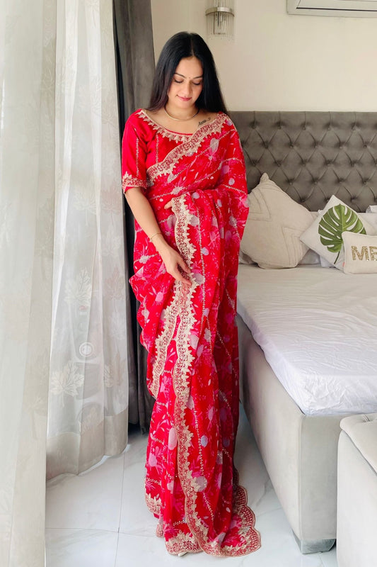 Elegant Rani Pink Floral Georgette Saree with Embroidered Lace Border - Mangaldeep NX
