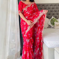 Elegant Rani Pink Floral Georgette Saree with Embroidered Lace Border - Mangaldeep NX