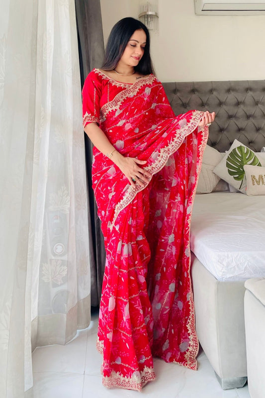 Elegant Rani Pink Floral Georgette Saree with Embroidered Lace Border - Mangaldeep NX
