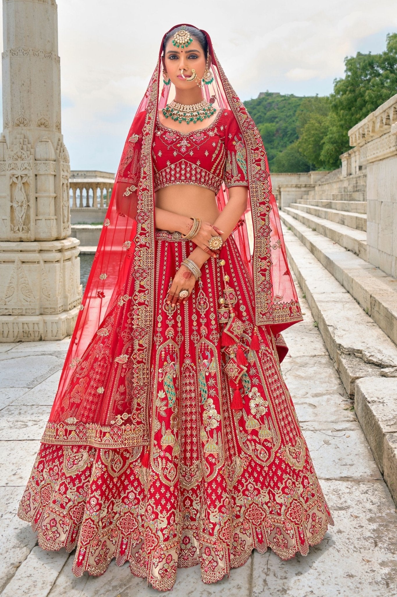 Elegant Red Bridal Lehenga Choli with Heavy Zari, Sequin, and Embroidery Work - Mangaldeep NX