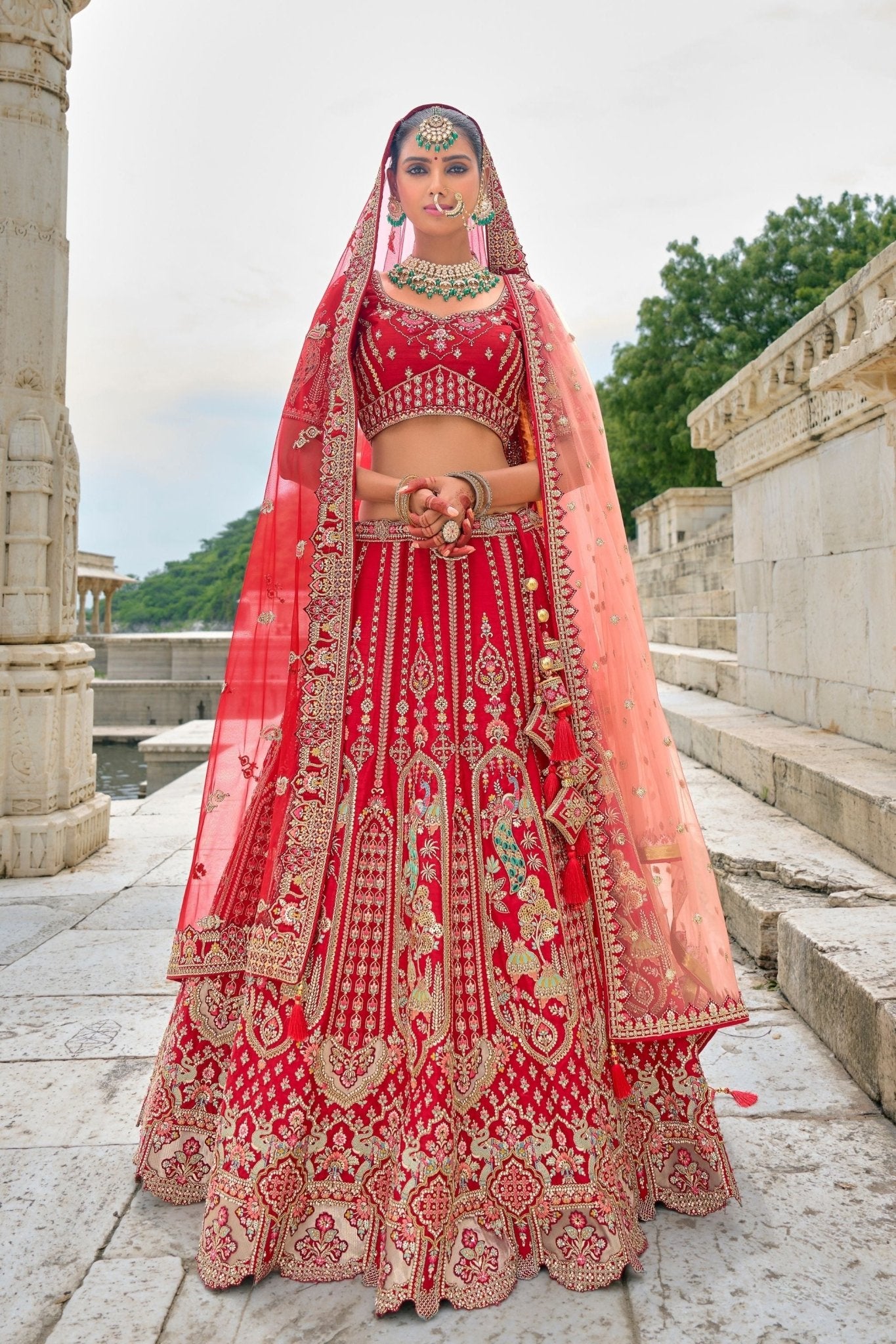 Elegant Red Bridal Lehenga Choli with Heavy Zari, Sequin, and Embroidery Work - Mangaldeep NX