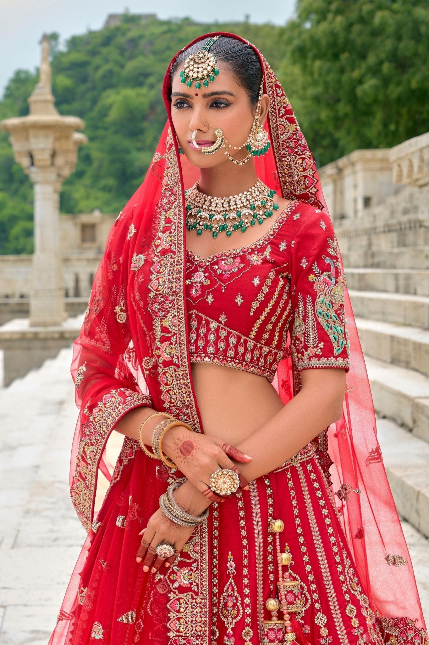 Elegant Red Bridal Lehenga Choli with Heavy Zari, Sequin, and Embroidery Work - Mangaldeep NX