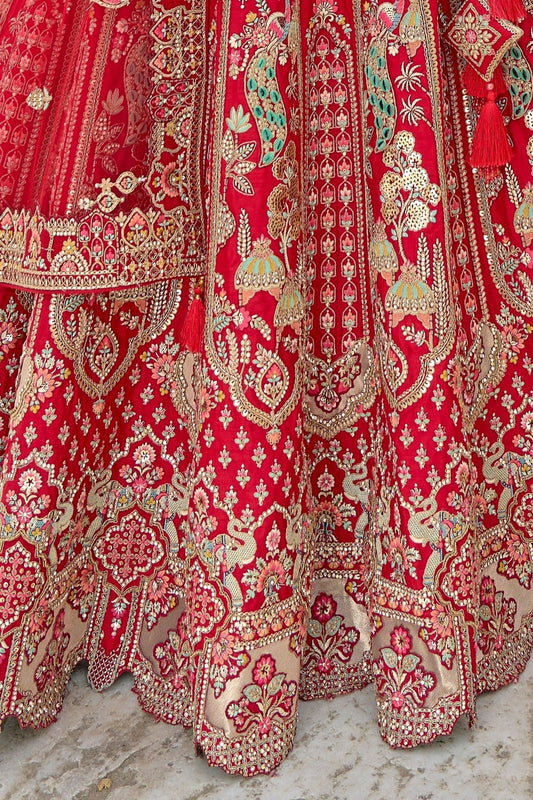Elegant Red Bridal Lehenga Choli with Heavy Zari, Sequin, and Embroidery Work - Mangaldeep NX