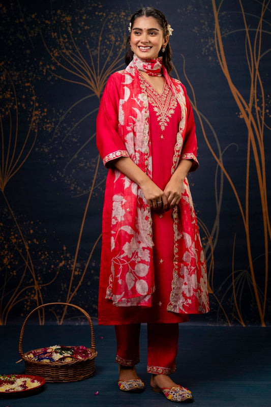 Elegant Red Shimmer Pant Style Suit with Floral Dupatta - Mangaldeep NX