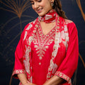 Elegant Red Shimmer Pant Style Suit with Floral Dupatta - Mangaldeep NX