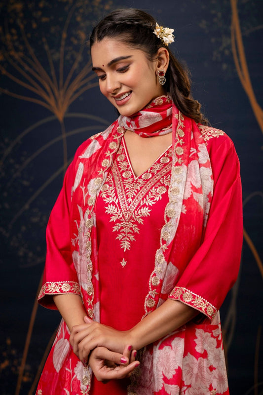 Elegant Red Shimmer Pant Style Suit with Floral Dupatta - Mangaldeep NX