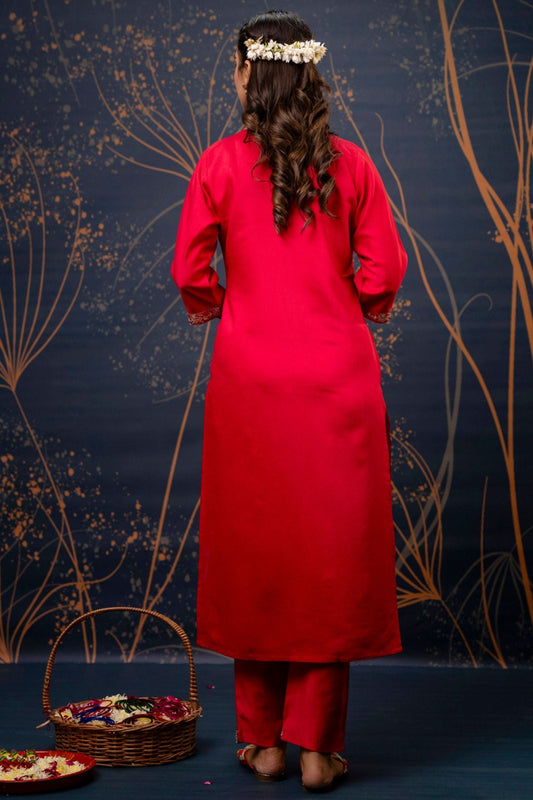 Elegant Red Shimmer Pant Style Suit with Floral Dupatta - Mangaldeep NX