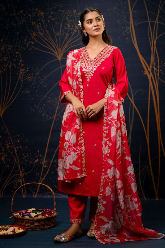 Elegant Red Shimmer Pant Style Suit with Floral Dupatta - Mangaldeep NX