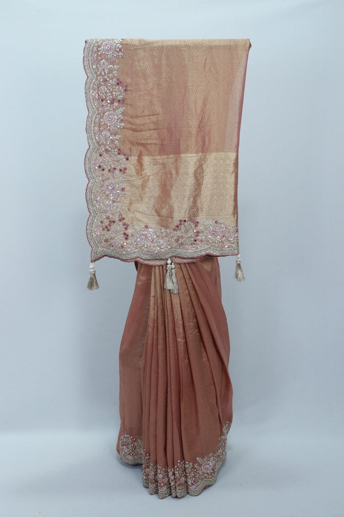 Elegant Rose Gold Designer Silk Saree Wedding Festive Wear - Mangaldeep NX