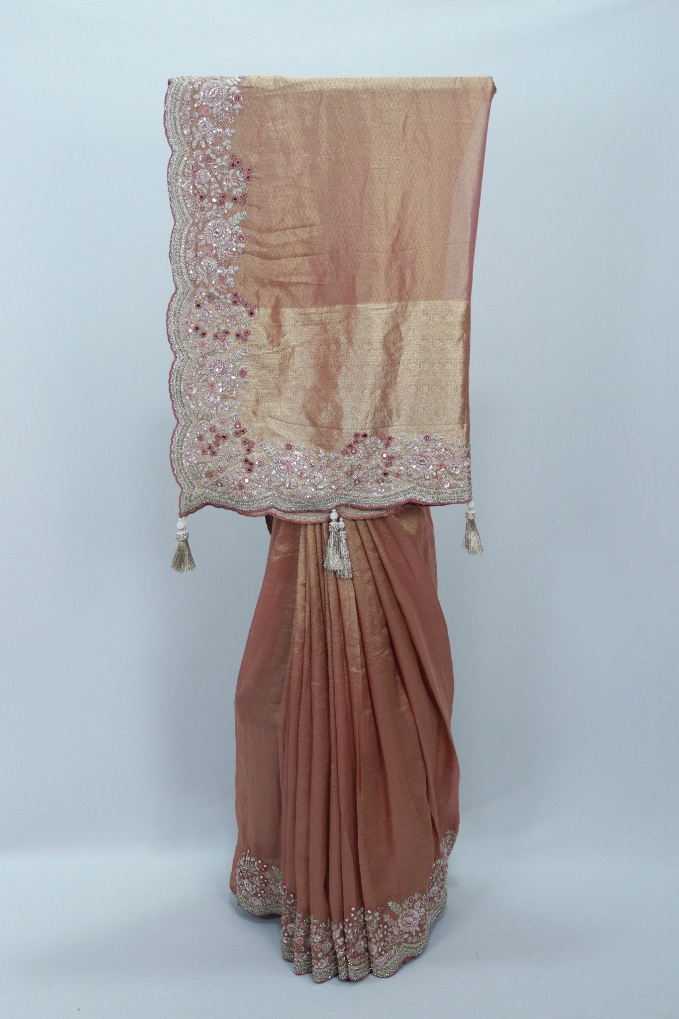 Elegant Rose Gold Designer Silk Saree Wedding Festive Wear - Mangaldeep NX