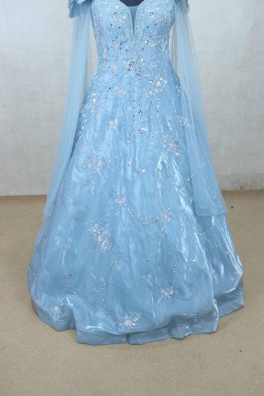 Elegant Sky Blue Net Gown with Ruffled Sleeves and Sequin Embroidery - Mangaldeep NX