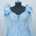 Elegant Sky Blue Net Gown with Ruffled Sleeves and Sequin Embroidery - Mangaldeep NX