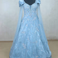 Elegant Sky Blue Net Gown with Ruffled Sleeves and Sequin Embroidery - Mangaldeep NX