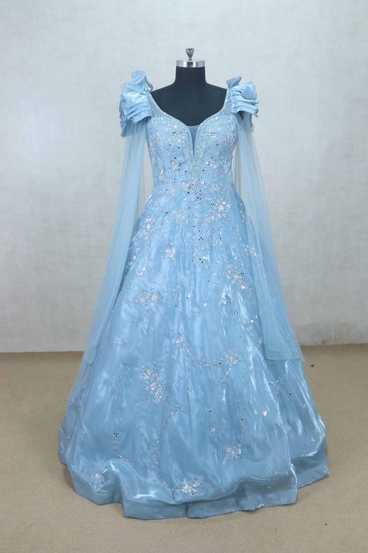 Elegant Sky Blue Net Gown with Ruffled Sleeves and Sequin Embroidery - Mangaldeep NX