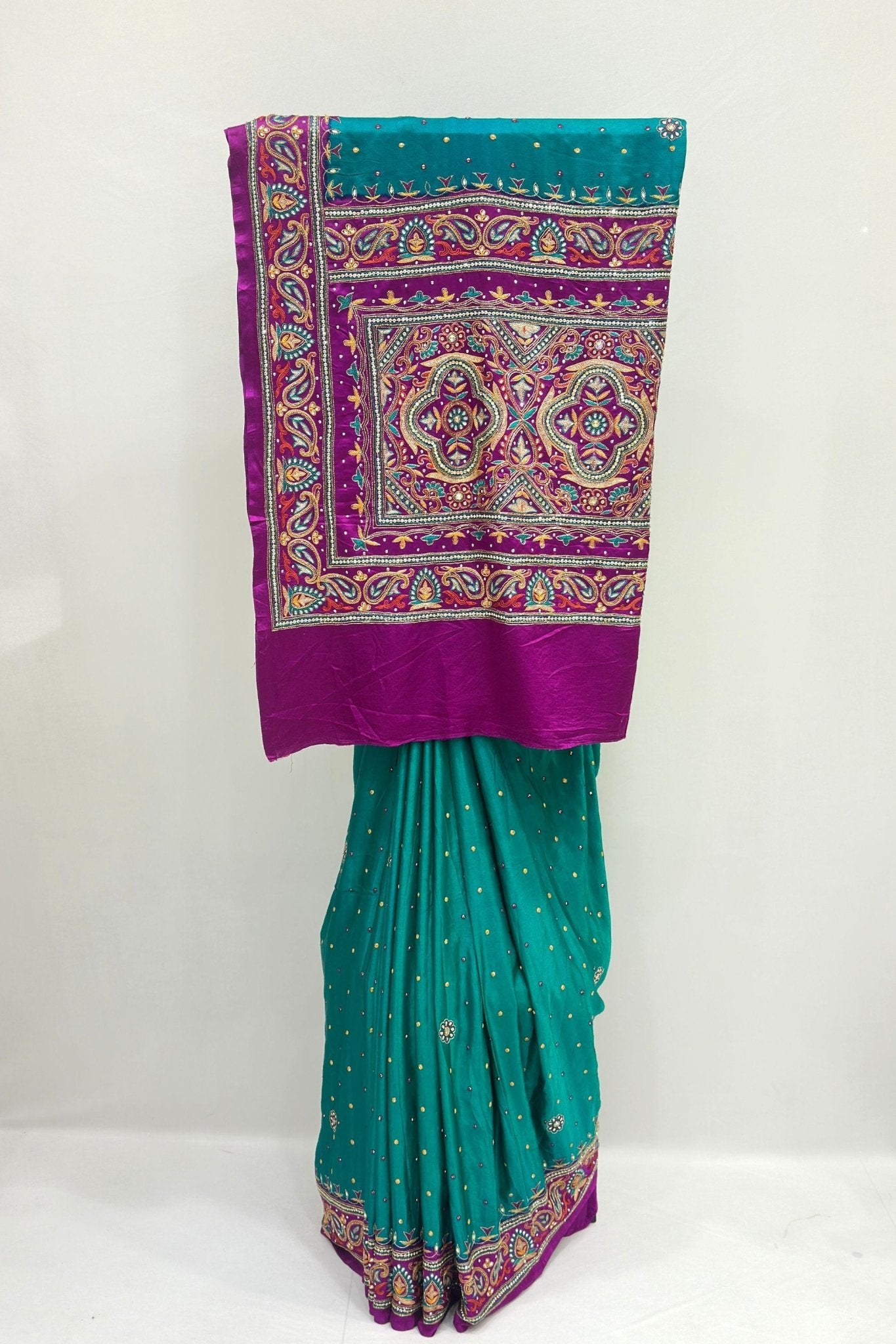 Elegant Teal and Purple (Rama) Embroidered Saree with Dupatta - Mangaldeep NX