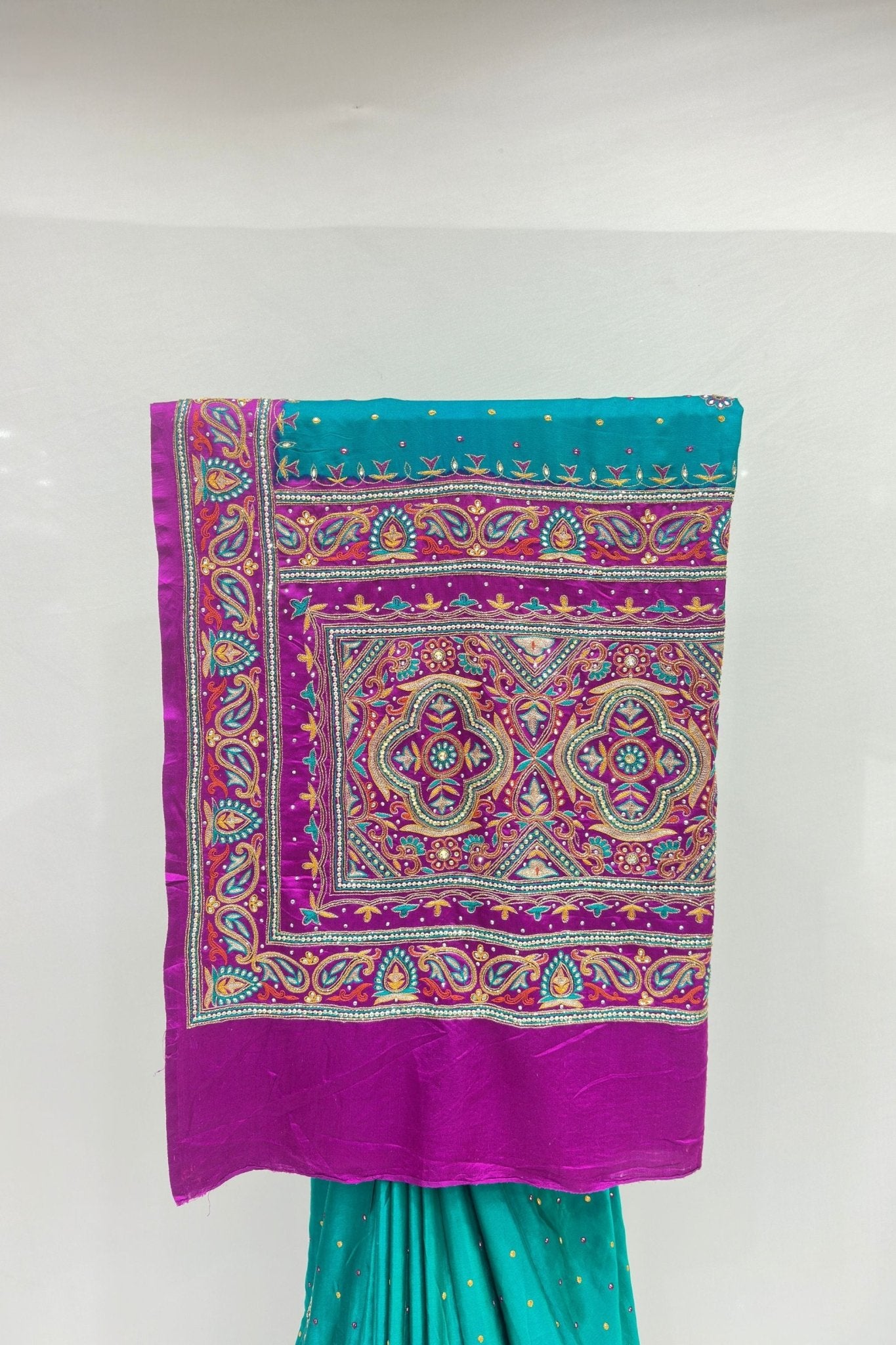 Elegant Teal and Purple (Rama) Embroidered Saree with Dupatta - Mangaldeep NX