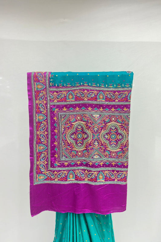 Elegant Teal and Purple (Rama) Embroidered Saree with Dupatta - Mangaldeep NX