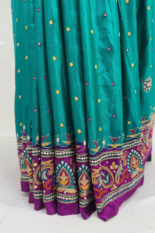 Elegant Teal and Purple (Rama) Embroidered Saree with Dupatta - Mangaldeep NX