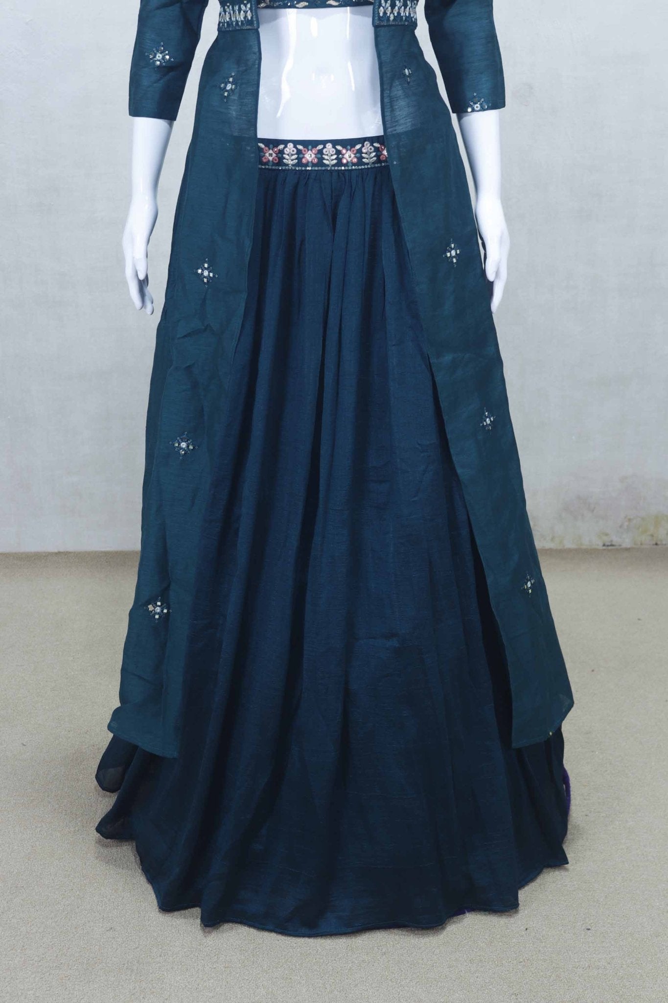 Elegant Teal Blue Embroidered Lehenga Choli with Jacket - Mangaldeep NX