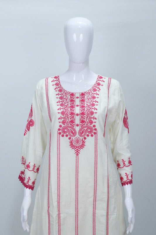 Elegant White Cotton Kurta Set with Red Chikankari Ethnic Wear - Mangaldeep NX