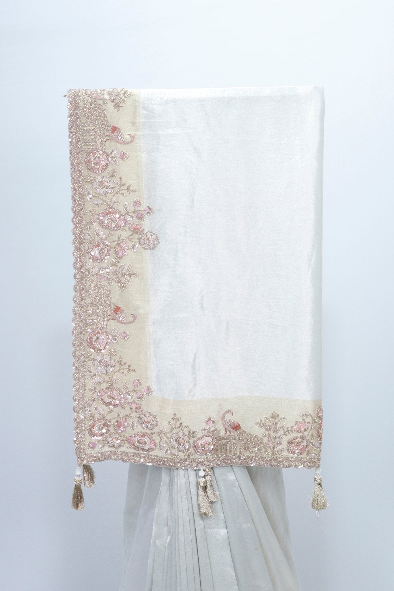 Elegant White Organza Saree with Embroidered Beige Border & Tassels for Weddings & Festive Wear - Mangaldeep NX