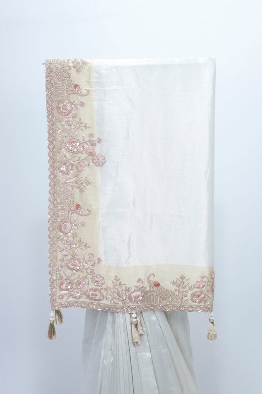 Elegant White Organza Saree with Embroidered Beige Border & Tassels for Weddings & Festive Wear - Mangaldeep NX