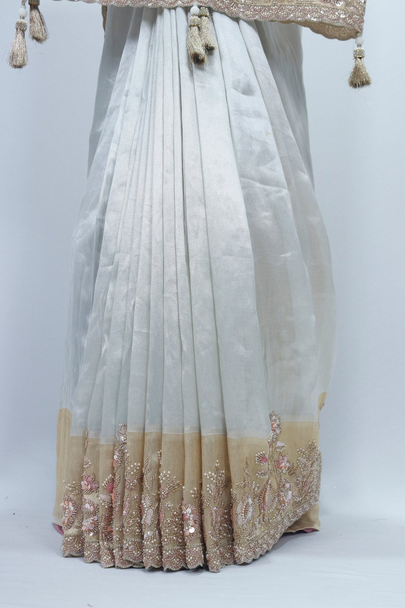 Elegant White Organza Saree with Embroidered Beige Border & Tassels for Weddings & Festive Wear - Mangaldeep NX