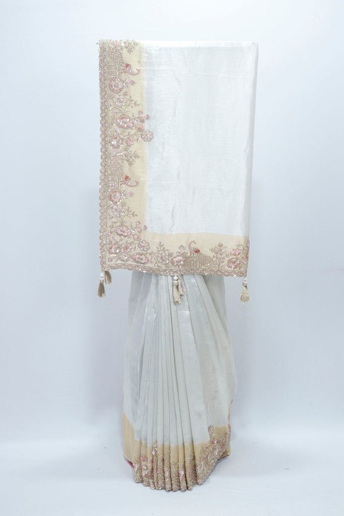 Elegant White Organza Saree with Embroidered Beige Border & Tassels for Weddings & Festive Wear - Mangaldeep NX