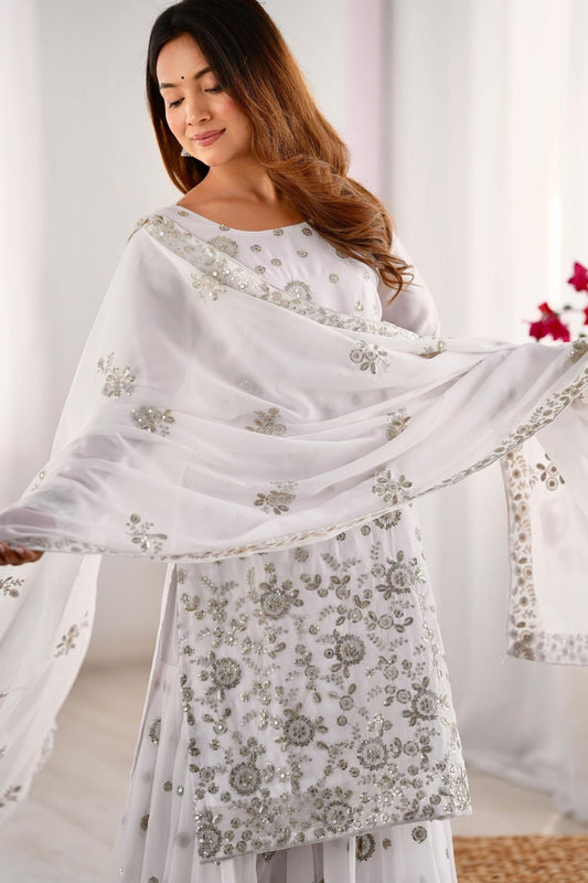 Elegant White Wedding Wear Sharara Suit with Golden Embroidery - Mangaldeep NX