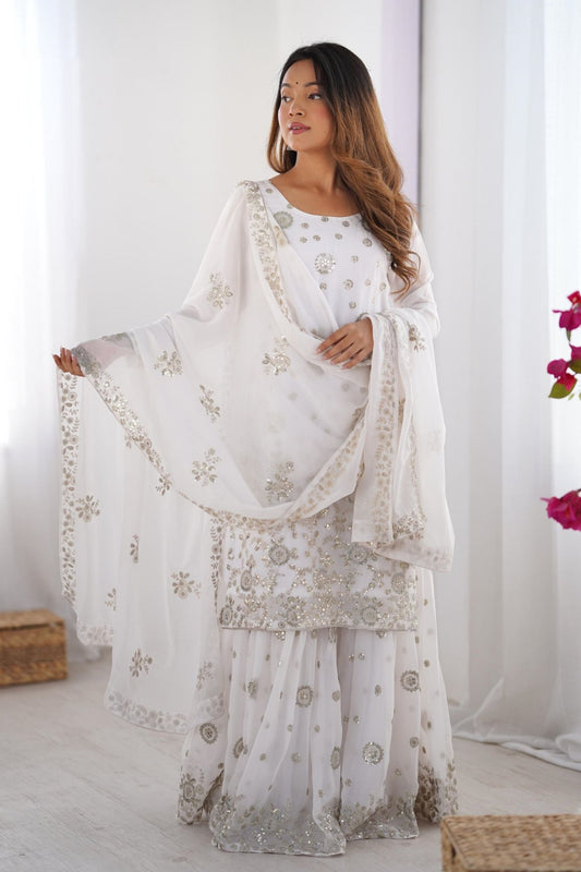 Elegant White Wedding Wear Sharara Suit with Golden Embroidery - Mangaldeep NX
